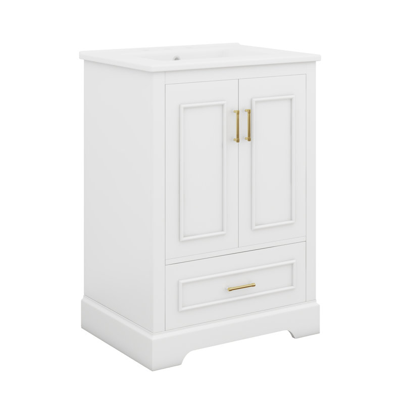 Meuble-lavabo en bois 24 po avec lavabo, meuble-lavabo simple autoportant avec tiroir divisé et 2 portes avec double tablette