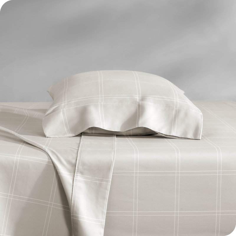 Twin XL Stone and White Plaid Microfiber Sheet Set