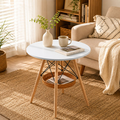 Table de salle à manger scandinave en bois massif avec panneau de rangement suspendu et structure en métal