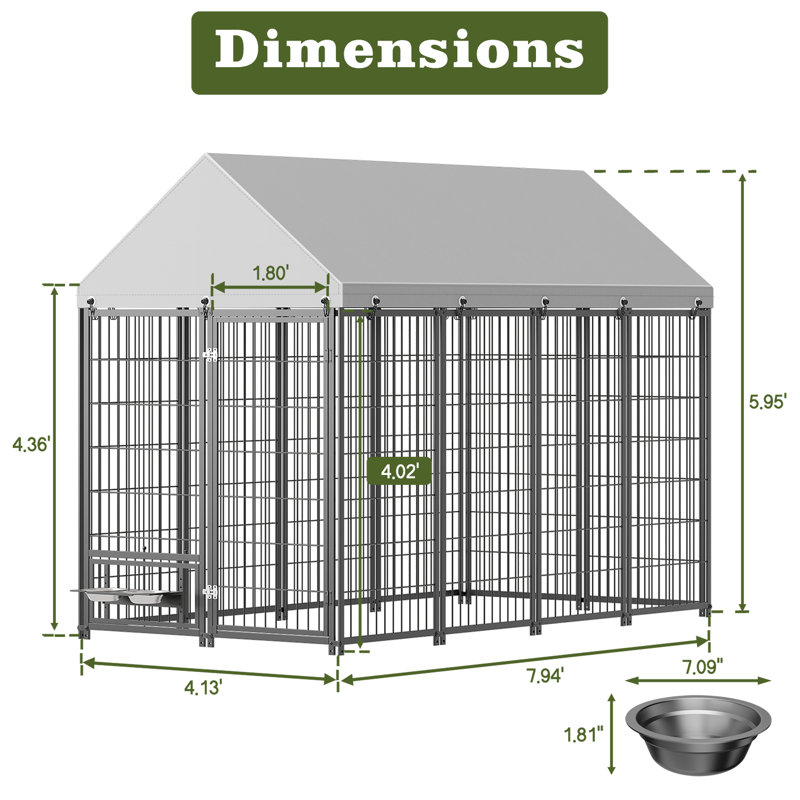 Enceinte d'extérieur pour animaux de compagnie - l 7,94 pi x l 4,13 pi x 5,95 pi, confort de vie, fer en métal, double verrou, alimentation réglable pour grand chien, spacieuse et stable, construction, mangeoires rotatives, éléments