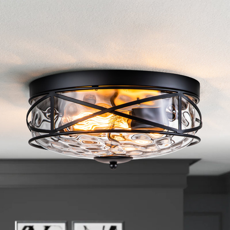 Boatner Flush Mount Ceiling Light With Clear Hammered Glass, Black