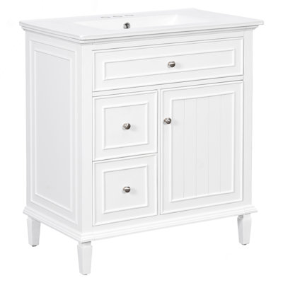 Meuble-lavabo 30 po avec lavabo, meuble-lavabo avec un tiroir rabattable et deux tiroirs, tablette réglable, bois massif et panneau de fibres à densité moyenne, blanc