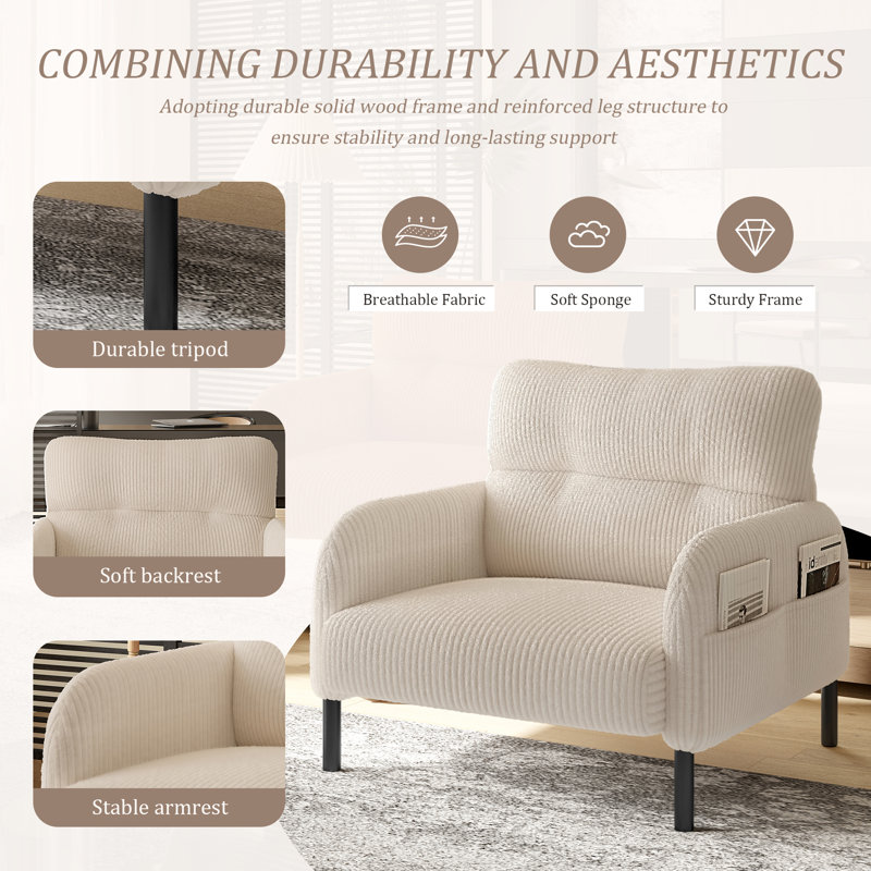 Chaise d'appoint rembourrée en velours côtelé Modern, Beige