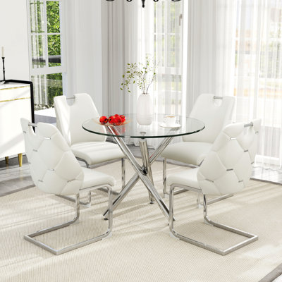 Round Tempered Glass Dining Table Set, Modern Dining Table with High-Backrest Faux Leather Dining Chair for Dining Room