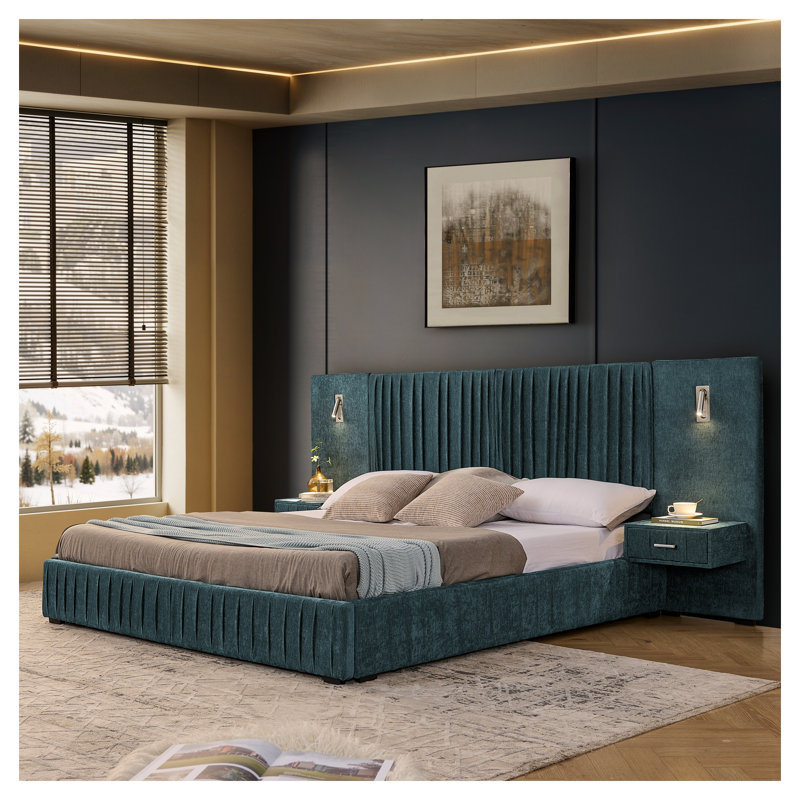 Lit plateforme tapissier très grand en chenille avec tables de chevet intégrées et lampes de lecture réglables, cadre de lit à profil bas plissé - bleu-vert