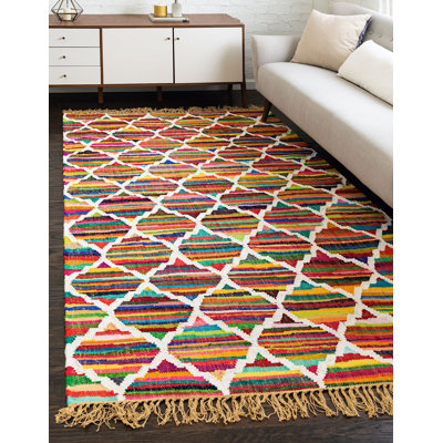 Tapis abstrait fait à la main en coton multicolore - rouge