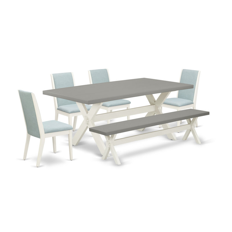 L'ensemble de table de cuisine 6 pièces comprend une table de salle à manger rectangulaire avec des pieds en X et 4 chaises Parson en tissu bleu bébé avec banc, lin brossé blanc