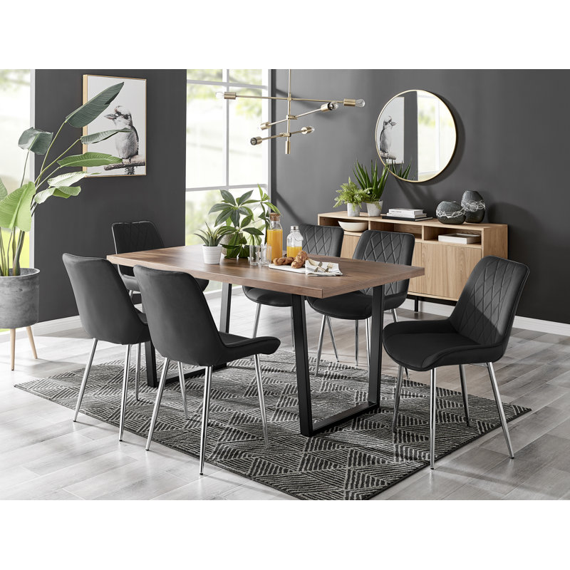 White High Gloss Rectangular 6 Seat Dining Table Set with Luxury Velvet Dining Chairs, Brown, Black/Silver
