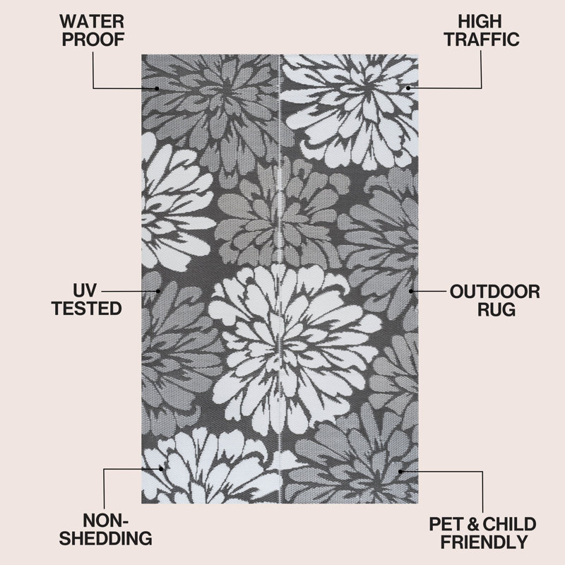 Tapis d'extérieur pliable et réversible Bloom, Gray/White, Rectangle 5' x 8'