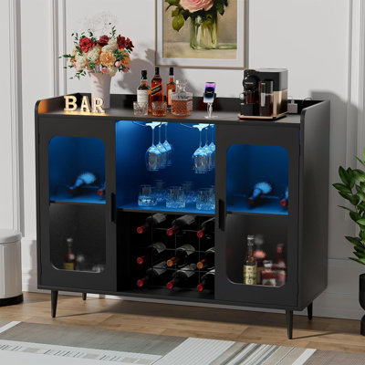 Kitron 40'' Wine Bar Cabinet with 4-Tier Storage for Glasses with LED Lights, Sideboard with Doors