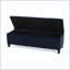 Banc de rangement capitonné bleu foncé avec plateau relevable et pieds en bois d'hévéa