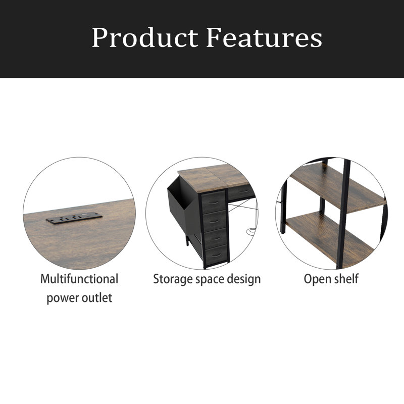 47" Computer Desk With Power Outlet,Writing Desk With 7 Fabric Drawers,Vanity Table Drawers And Large Side Pocket