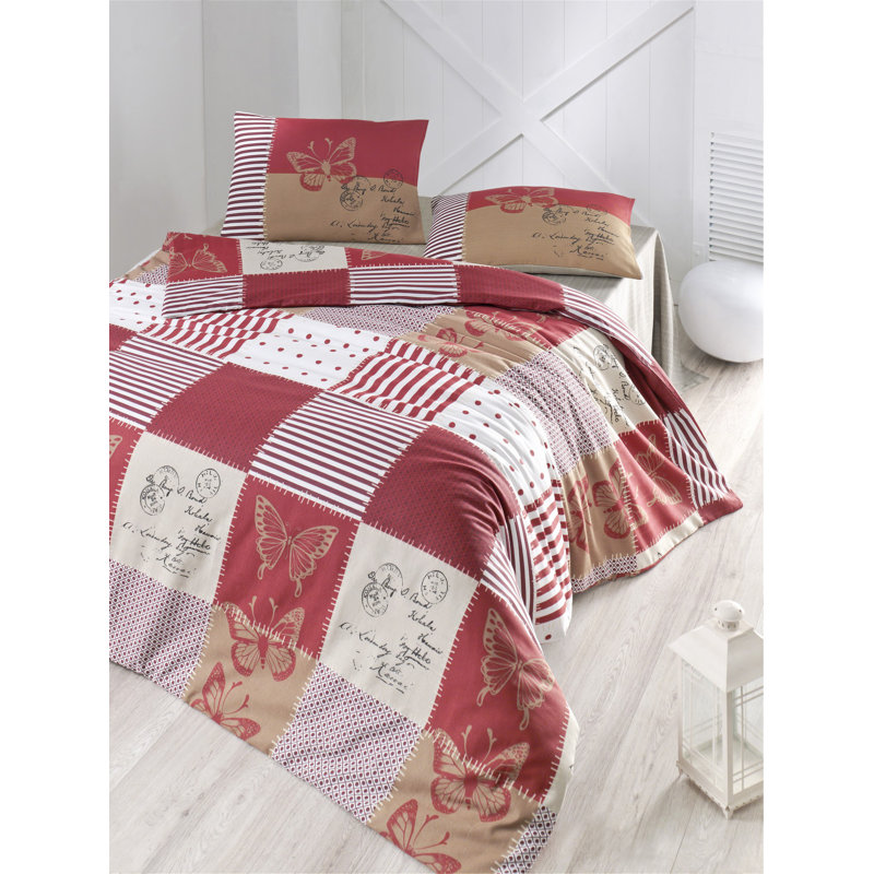 Ensemble de housse de couette en mélange de coton rouge / crème / beige / blanc Cloutier