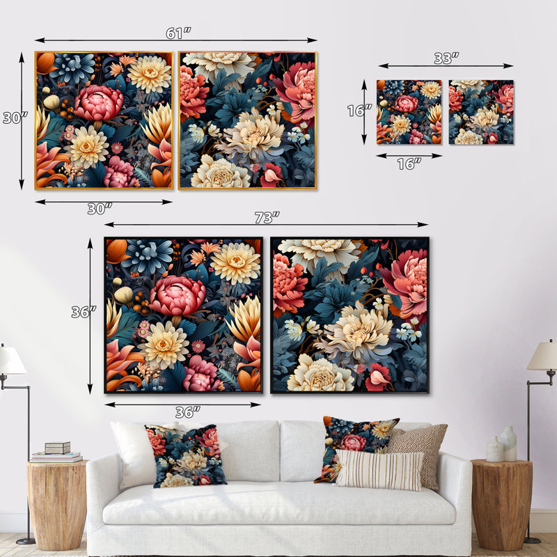 Malo - Ensemble de 2 collages carrés floraux, Cadre flottant noir, H 16 po x l 33 po
