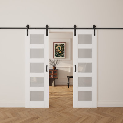 Glass and Manufactured Wood Double Sliding Barn Doors with Installation Hardware Kit