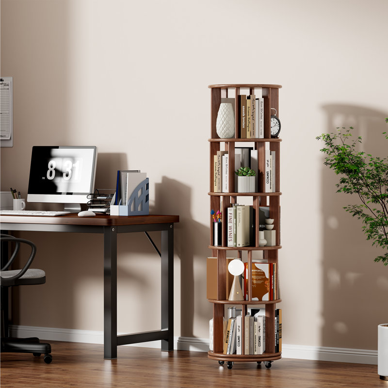 Bibliothèque rotative 100% bois massif sur roulettes, (5 tablettes) H 65 po x l 17,3 po x P 17,3 po