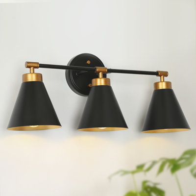 3-Light Bath Vanity Light Dimmable with Black Brass Metal Shade