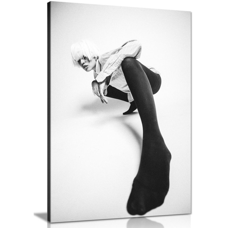 Panther Print Fine Art Prints Black & White Woman Angled Pose Artistic Framed Canvas Prints, Pictures For Home Walls, Bedroom, Living Room & Bathroom Decor - Wrapped Canvas Art Prints