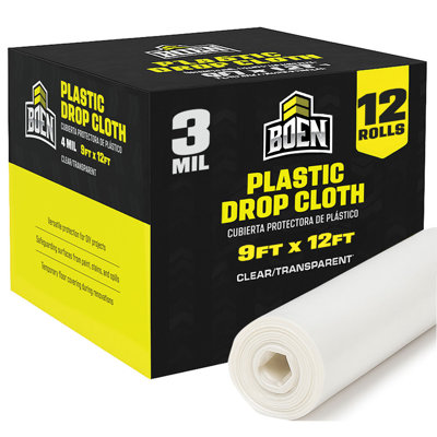 Boen Clear Plastic Drop Cloth, 9 ft x 12 ft, 3 Mil Heavy-Duty Painters Plastic Sheeting Roll, Waterproof, Tear-Resistant Paint Tarp for Furniture, Floors, Windows, Dust Protection – Multipurpose