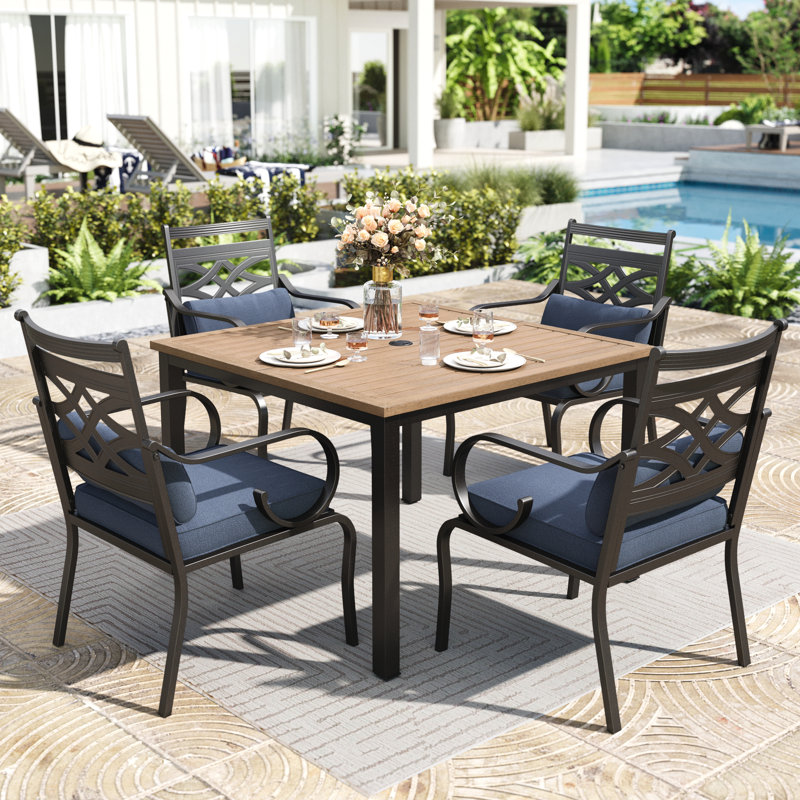 Ensemble de salle à manger pour 4 personnes en métal avec table carrée, coussins inclus, Bleu