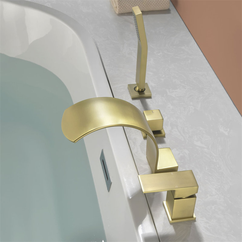 4 Hole Deck Mounted Tub Faucet With Handheld Shower Waterfall Bathtub Faucets Brass Single Handle Tub Fillers With Valve