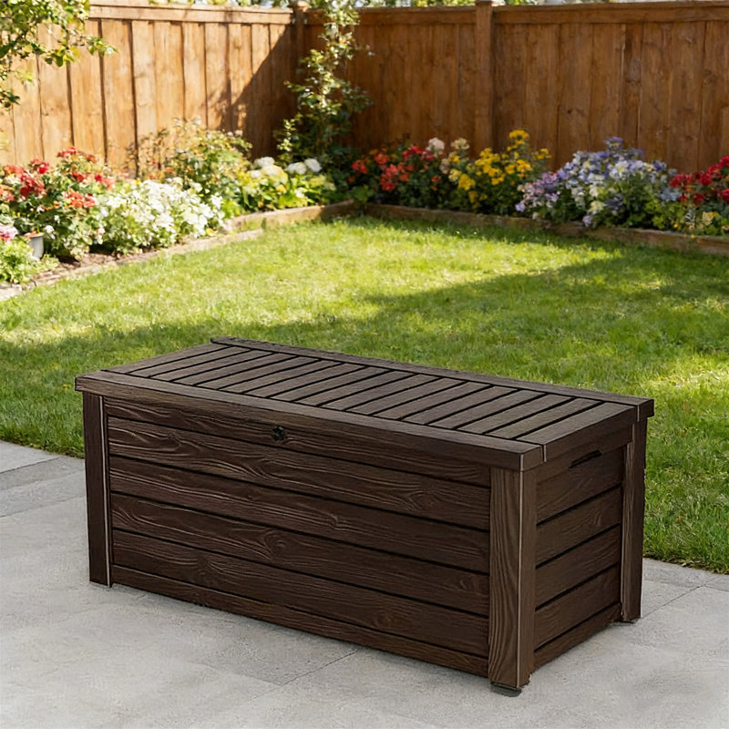 150 Gallon Outdoor Storage Bench – Resin, Wood-Plank Design, Seats 2, Easy-Lift Lid, All-Weather, Lockable, For Patio, Garden, Pool Accessories