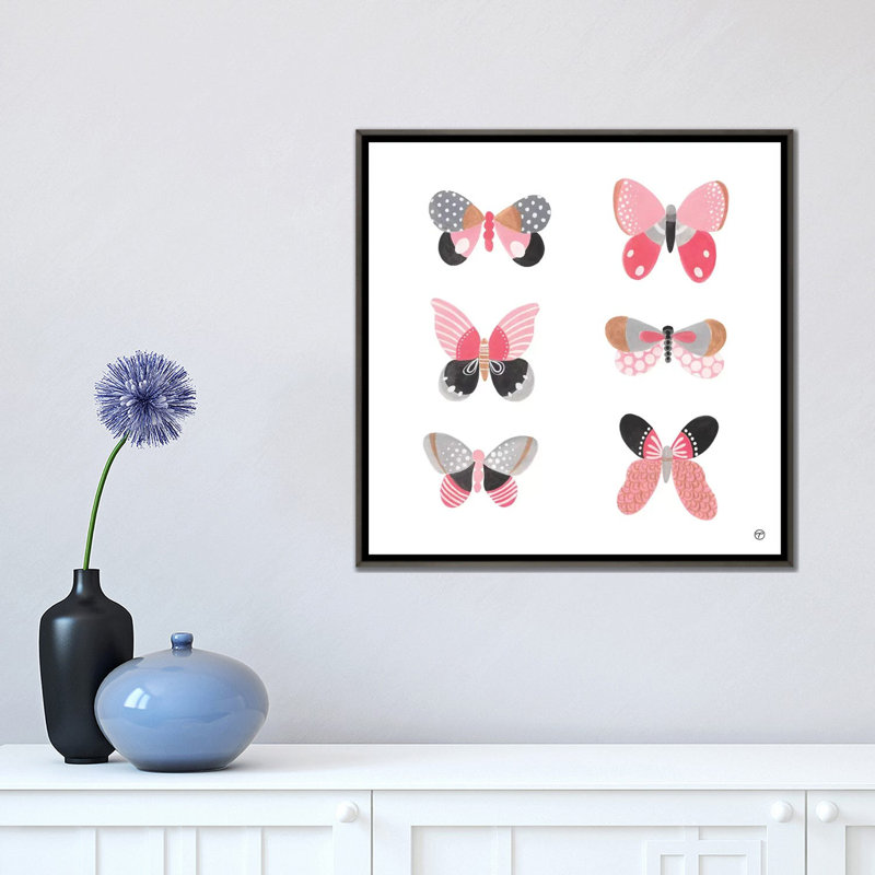 6 papillons art, H 18 po x l 18 po x P 1,5 po, Toile encadrée de bois rustique foncé