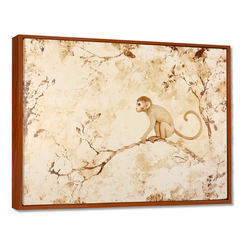 «Playful Monkey Primer In The Jungle III», art mural singe, Brun, Impression dans un cadre flottant sans passe-parto