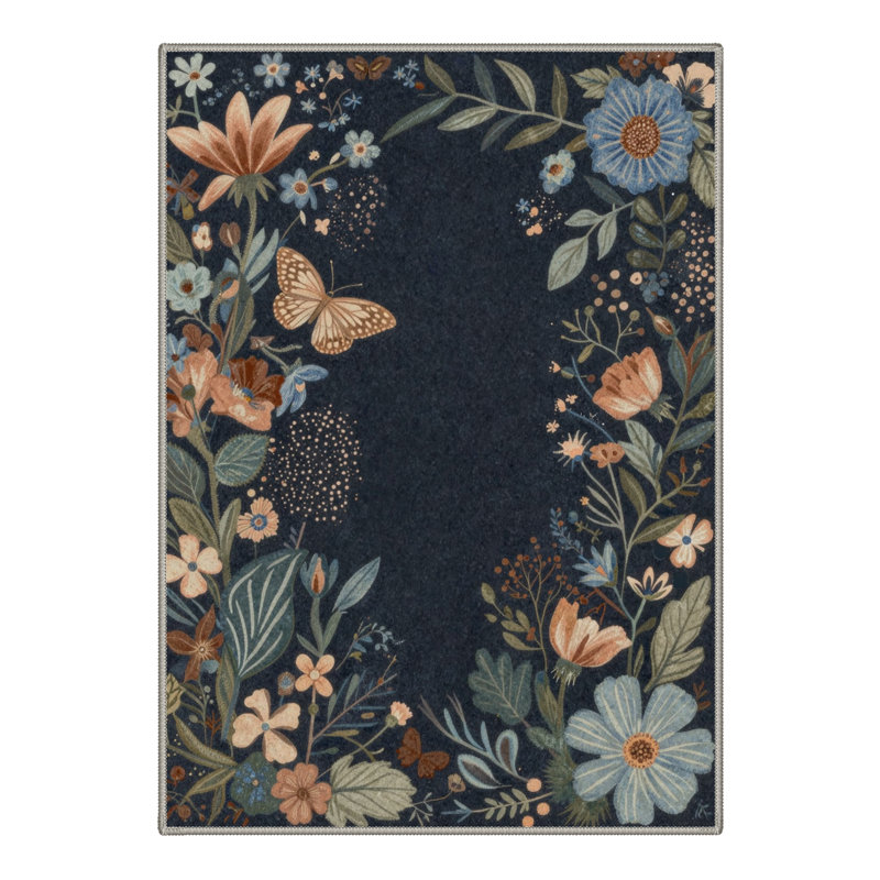 Aazad Florette Floral Machine Washable Grey / Green / Blue Indoor Area Rug with Non-Slip Backing, Rectangle 8' x 10'
