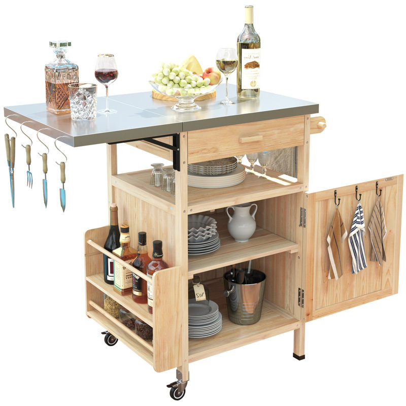 40.5-Inch Outdoor Grill Cart With Stainless Steel Top, Lockable Wheels Rolling Kitchen Cart, Beige