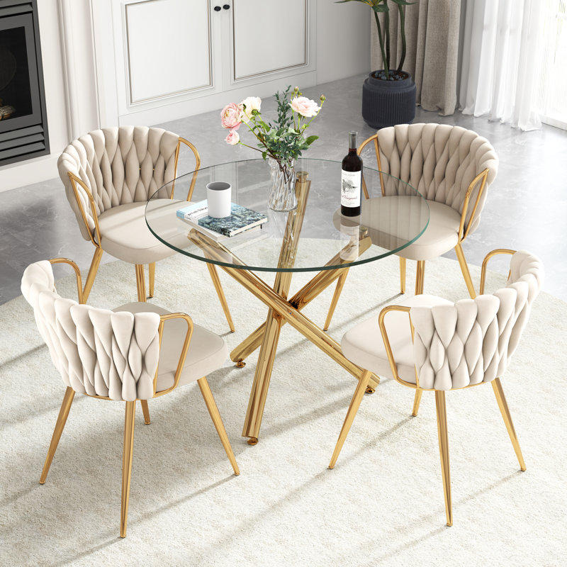 Ensemble de table de salle à manger Elegant, Beige, 5 pièces: table, 4 chaises, Doré