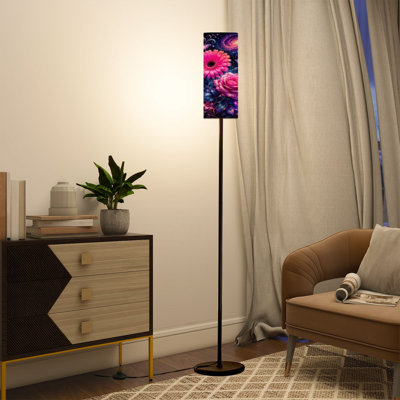  68.5" Standing Floor Lamp Cosmic Floral Bouquet Glowing Pink Flowers Rose Daisy Surreal Galaxy Dimmable Metal Pole Lamp with Linen Lampshade LED Bulb Included