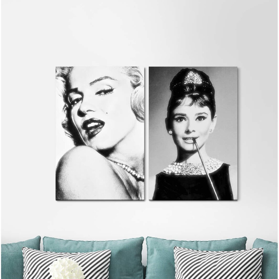 2-tlg. Leinwandbilder-Set Marilyn Monroe Audrey Hepburn Stars Hollywood Schwarz Weiß Legends Feminine