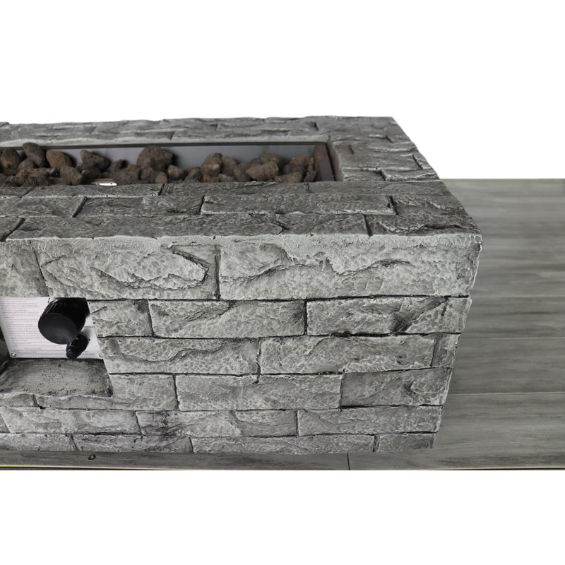 Gray Fiber Concrete Gas Fire Pit Table with Stone Finish