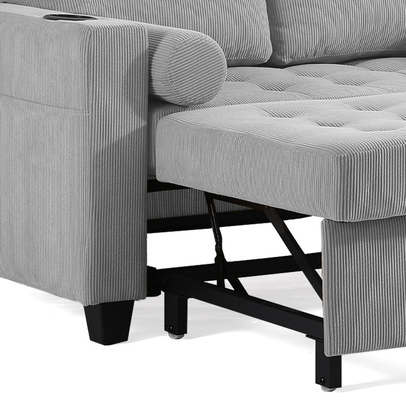 Canapé-lit rembourré en velours côtelé capitonné convertible multifonctionnel avec dossier réglable avec 2 coussins moelleux, prise USB et porte-gobelet