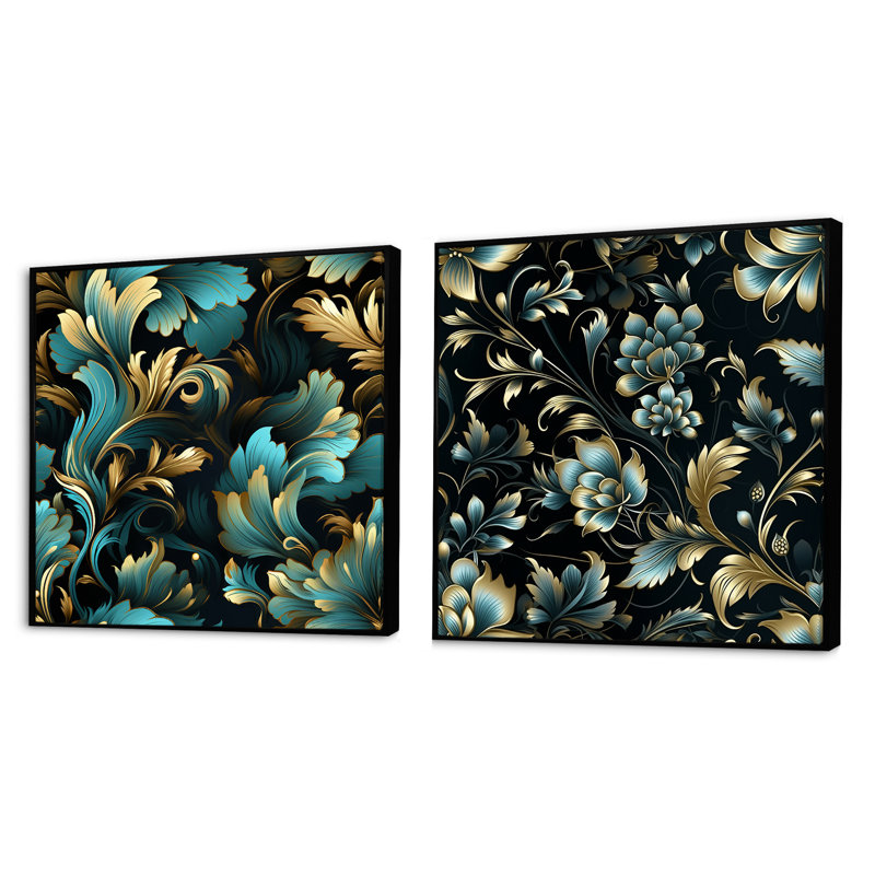 Stembert - Ensemble de 2 collages carrés botaniques abstraits, Cadre flottant noir, H 36 po x l 73 po