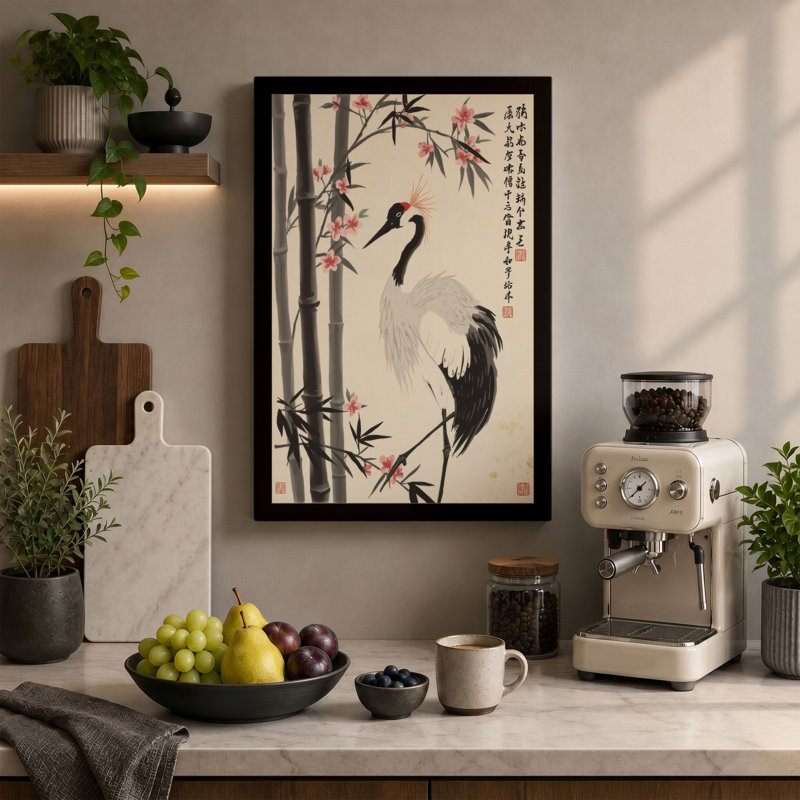 Crane Among Bamboo Japandi - Wrapped Canvas, 24x16 - 61.0 x 40.6 cm, Black Border