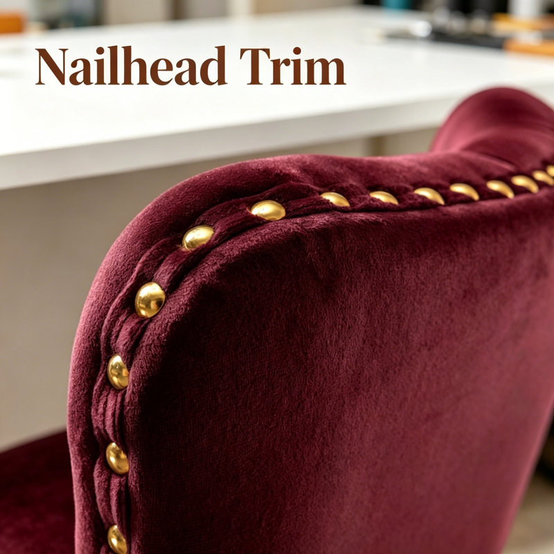 Chaise de bureau pivotante avec roulettes et garniture cloutée, Wine Red