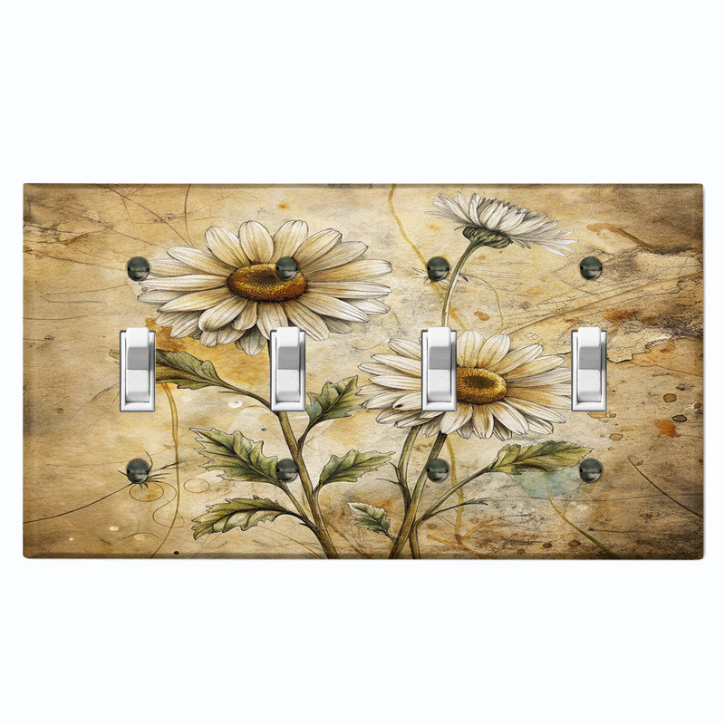 Couvercle de plaque d'interrupteur en métal; Marguerites rustiques, # 4 Quad bascule