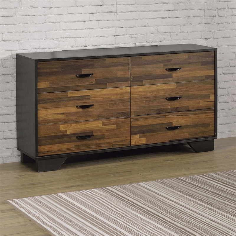 Commode à 6 tiroirs moderne en noyer et noir avec une fabrication durable et un rangement spacieux pour une utilisation polyvalente