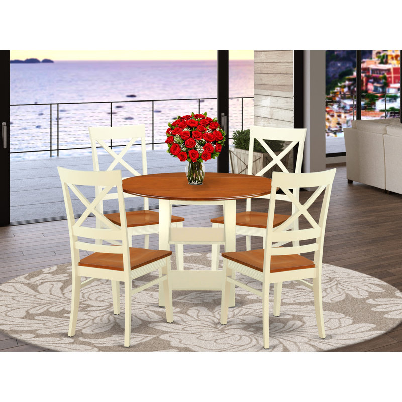 5 Piece Dining Room Table Set Includes a Round Kitchen Table with Dropleaf & Shelves and 4 Dining Chairs, Buttermilk & Cherry