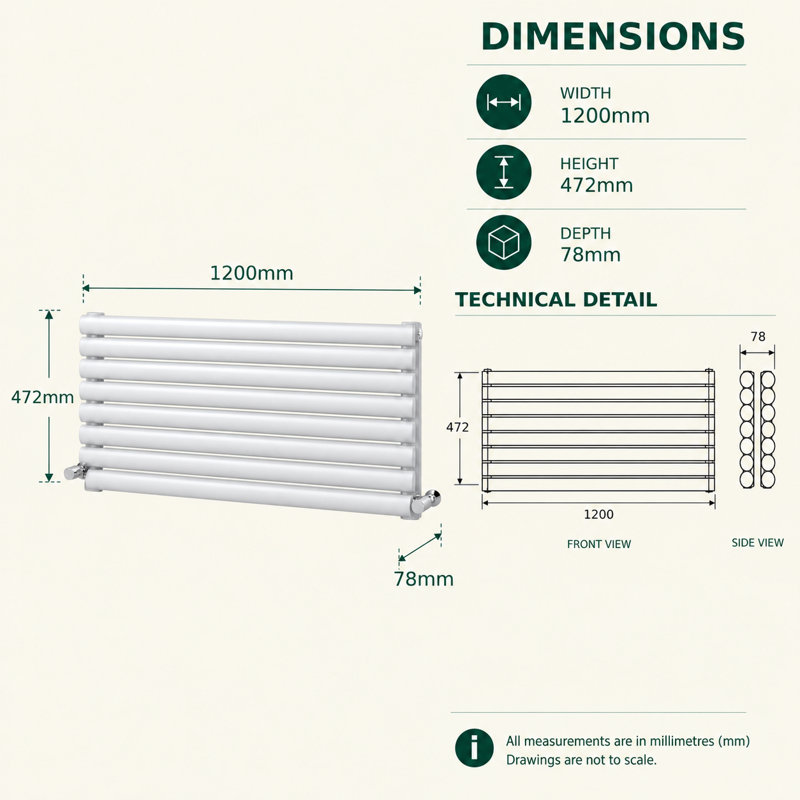  Horizontal Oval Panel Radiators, 1200mm W x 472mm H, White