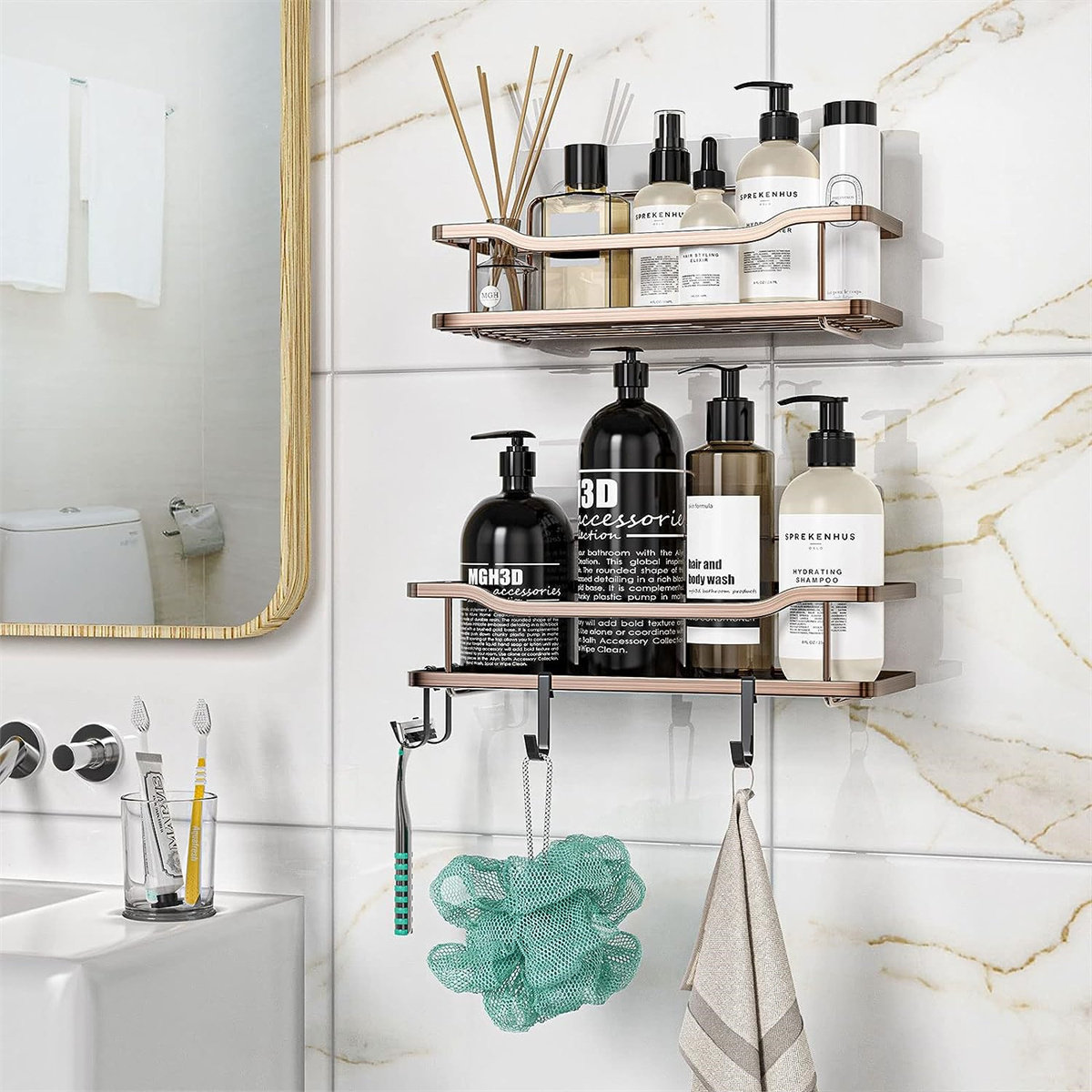 ODesign Adhesive Shower Caddy Basket Shelf with Hooks for Shampoo Razor  Soap Dish Holder Kitchen Bathroom Apartment Home Organizer No Drilling Wall