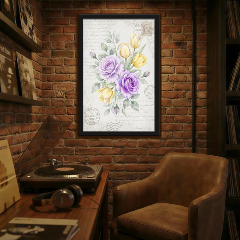 Plantes et fleurs, roses, tulipes, écriture rétro, cachets de Paris, H 30 po x l 20 po