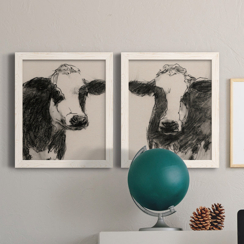 Cow Portrait Sketch I - 2 Piece Single Picture Frame Painting on Canvas, White Framed, 17" H x 20" W x 1" D