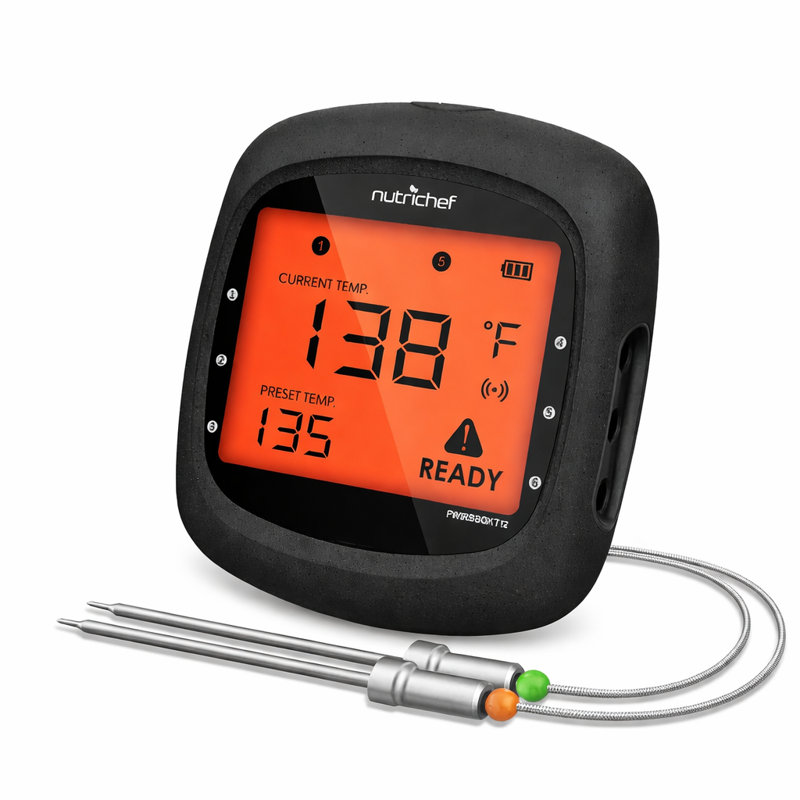 Nutrichef Bluetooth Wireless BBQ Digital Thermometer - Includes 2 Temperature Probes And Travel Case With Digital LCD Display Screen