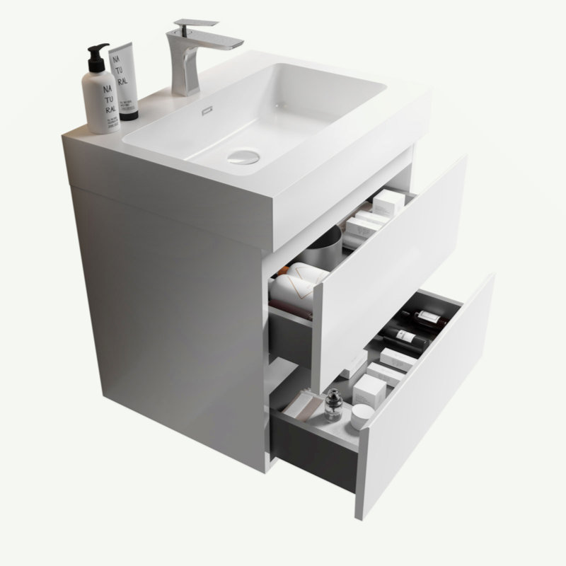 Meuble-lavabo mural 24 po avec lavabo, grand meuble-lavabo flottant mural pour salle de bain moderne, lavabo une pièce sans drain ni robinet, pré-assemblé