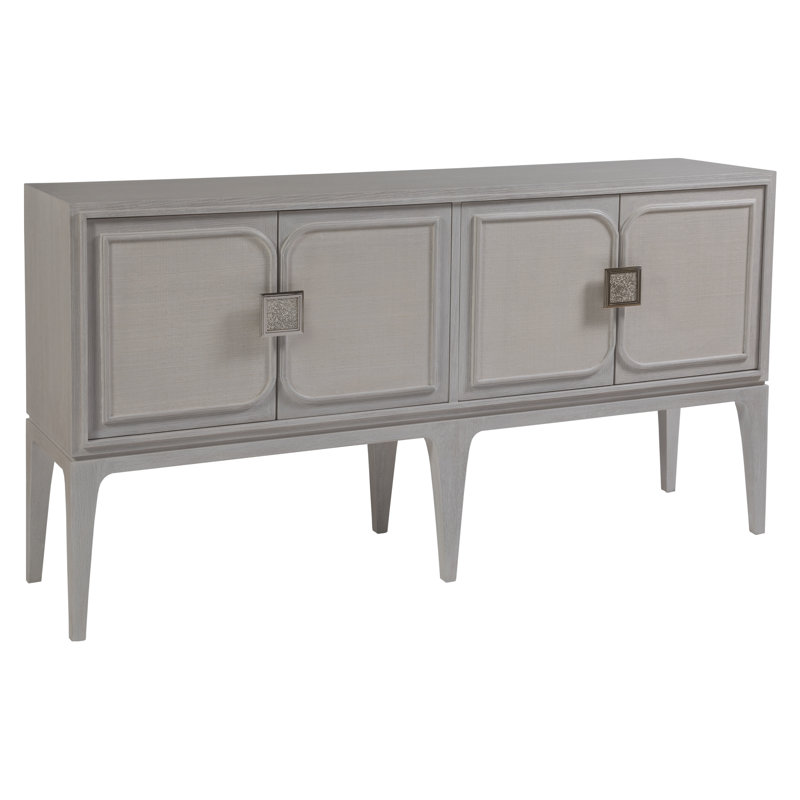 Transitional Gray 61.75'' Oak Media Console with Raffia Cabinet Doors