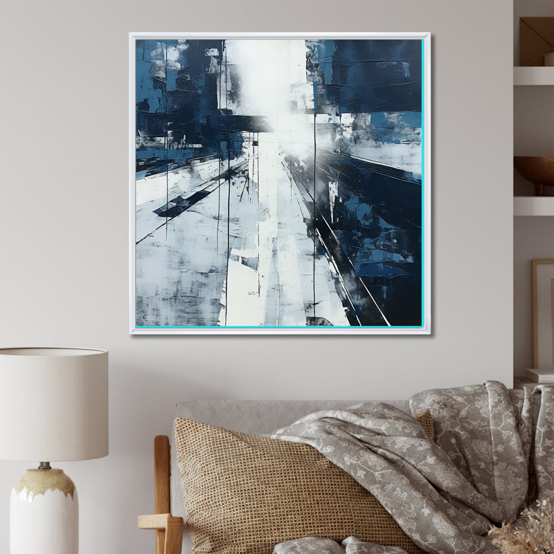 Paysage urbain noir et blanc, route V, art mural, salon, Cadre flottant blanc, H 30 po x l 30 po x P 1 po
