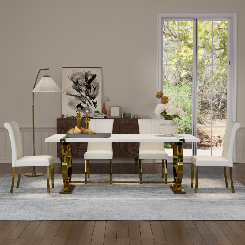 White Leather Dining Chairs With Mirrored Gold Legs Set Of 2
